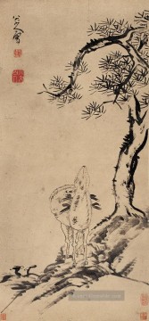 Kiefer und Hirsche alte China Tinte Ölgemälde